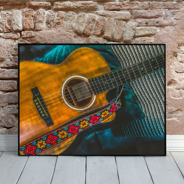 Toile murale avec guitare acoustique - Toile mate tendue pour les mélomanes