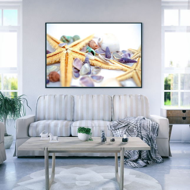 Impression sur toile décorative côtière - Étoiles de mer et coquillages - Décoration murale de plage